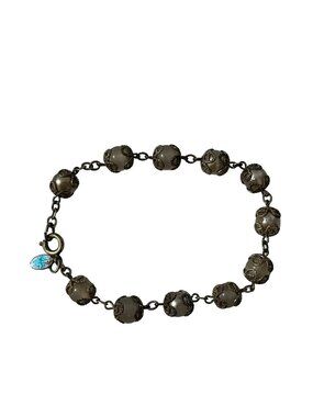 Vintage Beaded Bracelet Sterling Clasp Silver Tone Filigree Gray Beads Blue Char